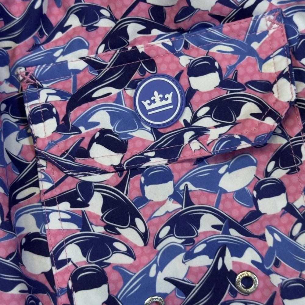 Peter Millar Seaside Mens Swim Trunks Medium Pink & Blue Orca Print Beach Surf